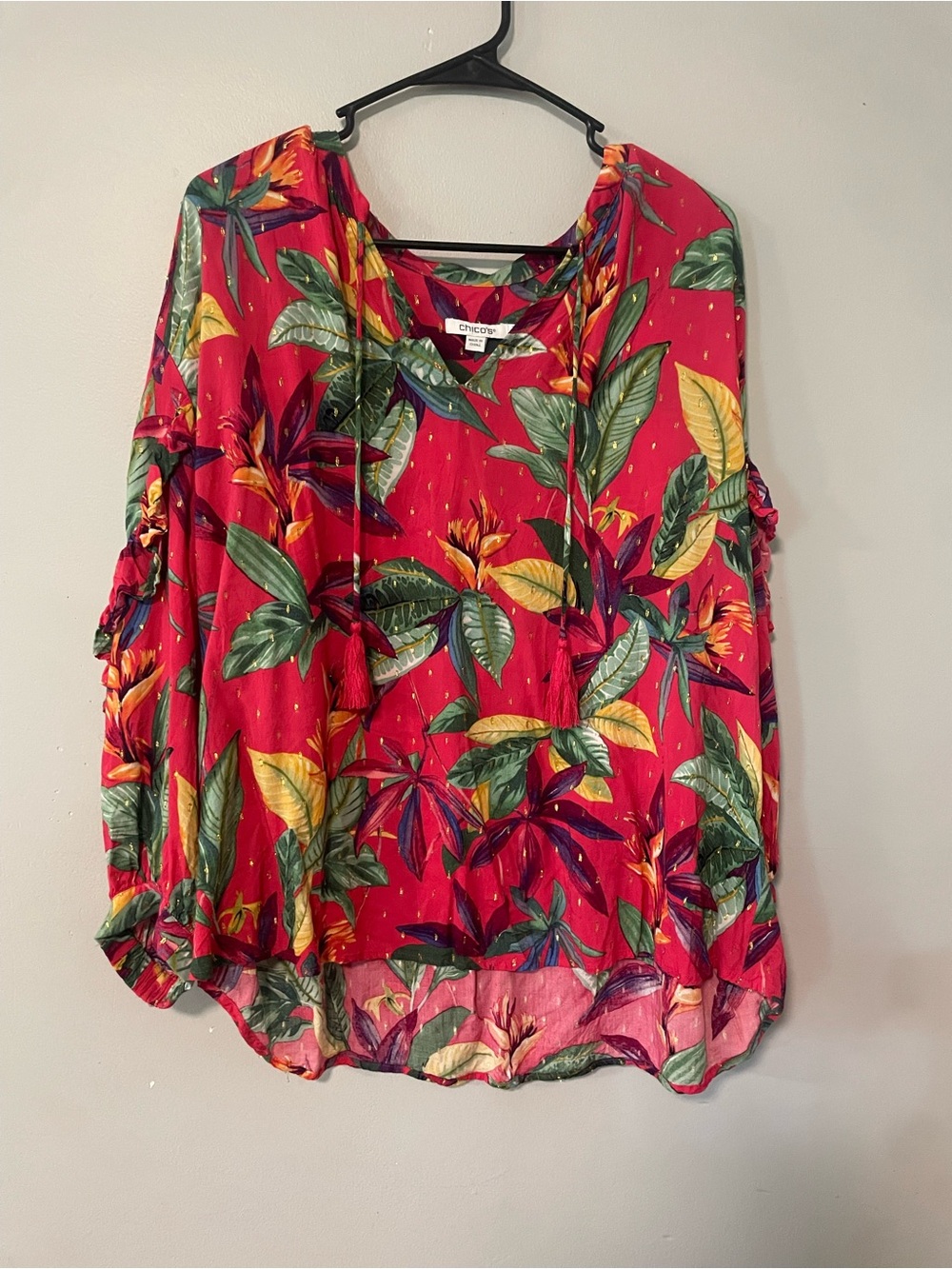 Chico's Red Tropical Leaf Print V-Neck Tunic with Tassel Ties 3.5 Size 18